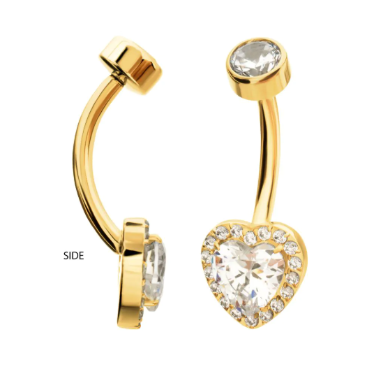 GOLD PVD TITANIUM RADIANT HEART HALO WITH CLEAR GEM EDGE FIXED BOTTOM NAVEL
