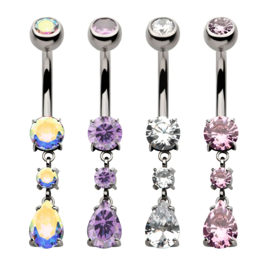 TITANIUM INTERNALLY THREADED DOUBLE ROUND PRONG SET GEM WITH TEARDROP DANGLE