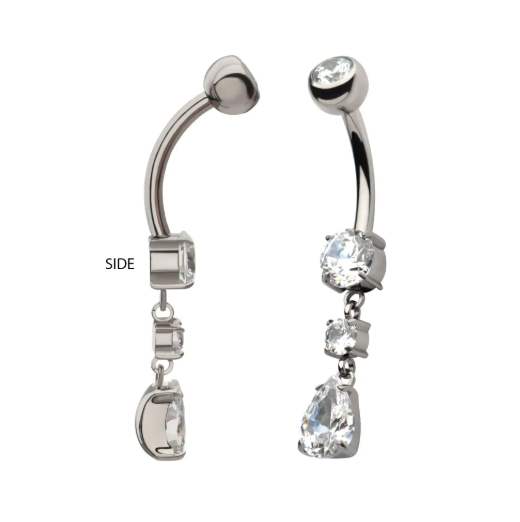 TITANIUM INTERNALLY THREADED DOUBLE ROUND PRONG SET GEM WITH TEARDROP DANGLE