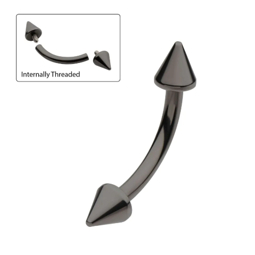 BLACK PVD TITANIUM INTERNALLY THREADED SPIKE END CURVED BARBELL