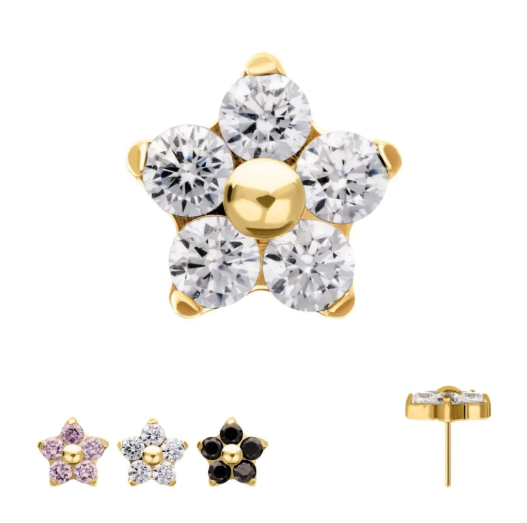GOLD PVD TITANIUM THREADLESS PRONG SET GEM 5-PETAL FLOWER TOP