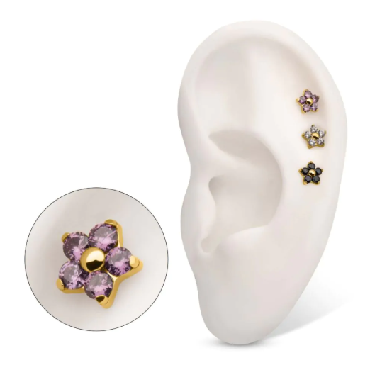 GOLD PVD TITANIUM THREADLESS PRONG SET GEM 5-PETAL FLOWER TOP