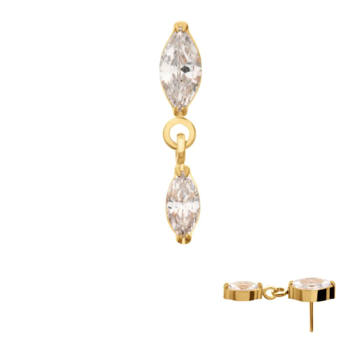 GOLD PVD TITANIUM THREADLESS PRONG SET DOUBLE MARQUISE GEM DANGLE TOP