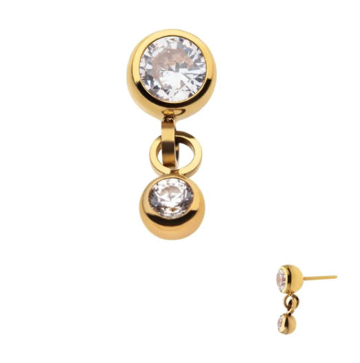 GOLD PVD TITANIUM THREADLESS DOUBLE BEZEL SET CZ DANGLE TOP