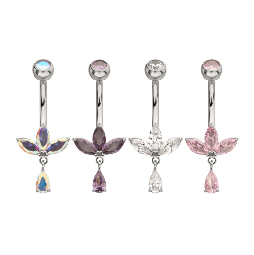 TITANIUM INTERNALLY THREADED TRIPLE MARQUISE GEM FAN NAVEL WITH FLOATING TEARDROP GEM DANGLE