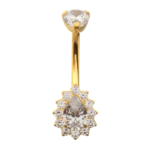 TITANIUM GOLD INTERNALLY THREADED TEARDROP HALO WITH CLEAR GEM EDGE FIXED BOTTOM NAVEL
