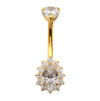 TITANIUM GOLD INTERNALLY THREADED TEARDROP HALO WITH CLEAR GEM EDGE FIXED BOTTOM NAVEL