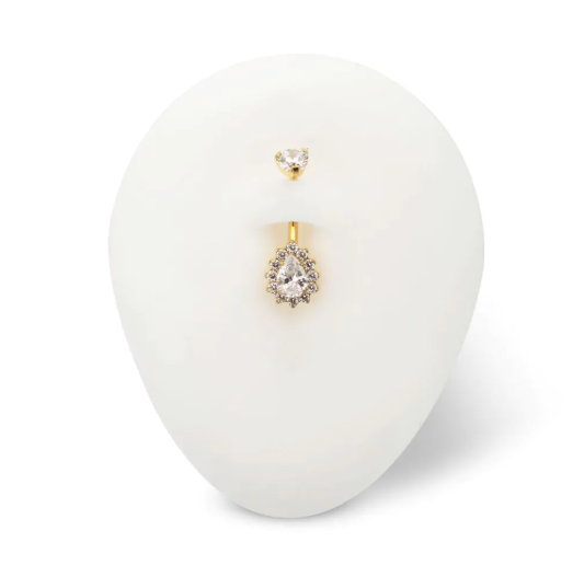 TITANIUM GOLD INTERNALLY THREADED TEARDROP HALO WITH CLEAR GEM EDGE FIXED BOTTOM NAVEL