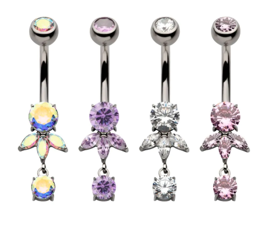 TITANIUM INTERNALLY THREADED TRIPLE MARQUISE GEM FAN WITH FLOATING ROUND GEM DANGLE NAVEL