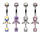 TITANIUM INTERNALLY THREADED TRIPLE MARQUISE GEM FAN WITH FLOATING ROUND GEM DANGLE NAVEL