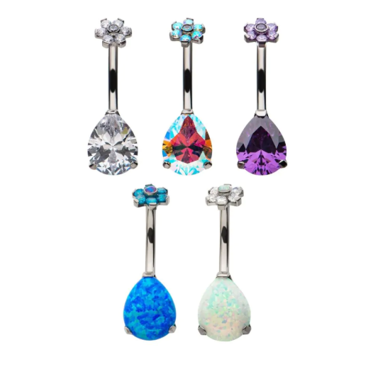 TITANIUM INTERNALLY THREADED WITH PRONG SET AAA CZ & SYNTHETIC OPAL FLOWER TOP AND TEARDROP BOTTOM FIXED NAVEL