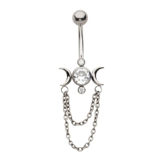 TITANIUM INTERNALLY THREADED BEZEL SET ROUND GEM TRIPLE MOON PHASE NAVEL WITH 2-TIER CHAIN DANGLE