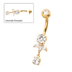TITANIUM GOLD INTERNALLY THREADED TRIPLE MARQUISE GEM FAN WITH FLOATING ROUND GEM DANGLE NAVEL