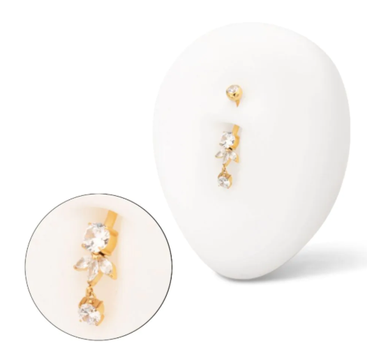 TITANIUM GOLD INTERNALLY THREADED TRIPLE MARQUISE GEM FAN WITH FLOATING ROUND GEM DANGLE NAVEL