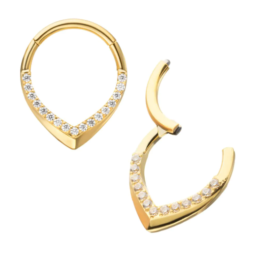 24KT GOLD PVD TITANIUM PAVÉ GEM V-SHAPE FRONT-FACING HINGED SEGMENT CLICKER