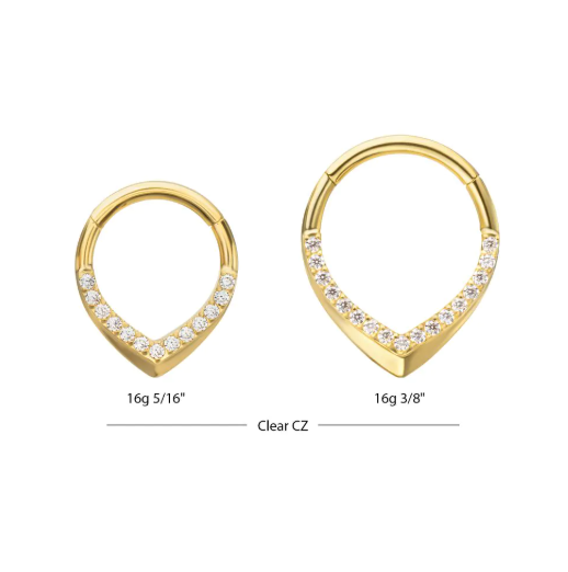 24KT GOLD PVD TITANIUM PAVÉ GEM V-SHAPE FRONT-FACING HINGED SEGMENT CLICKER