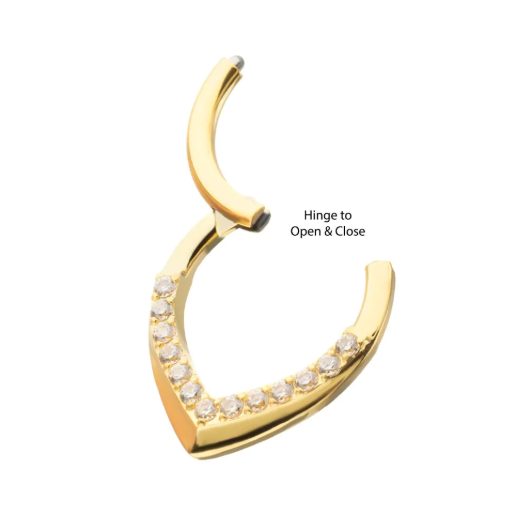 24KT GOLD PVD TITANIUM PAVÉ GEM V-SHAPE FRONT-FACING HINGED SEGMENT CLICKER