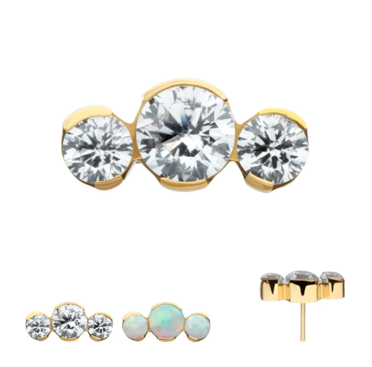 24KT GOLD PVD TITANIUM THREADLESS SEMI-BEZEL SET ROUND GEM/OPAL 3-CLUSTER TOP