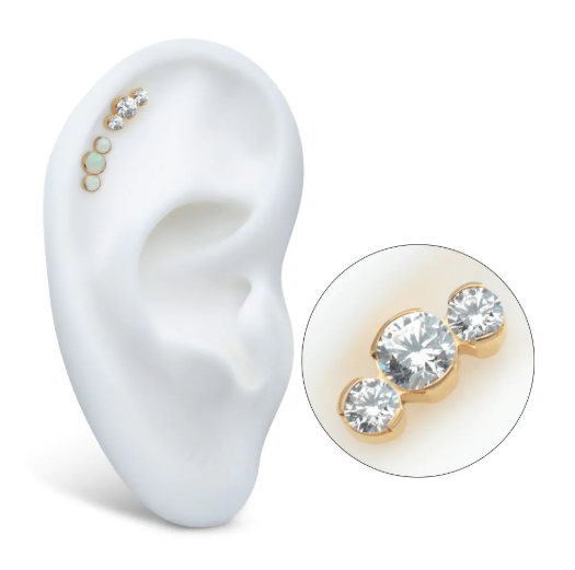24KT GOLD PVD TITANIUM THREADLESS SEMI-BEZEL SET ROUND GEM/OPAL 3-CLUSTER TOP