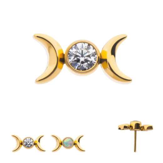 24KT GOLD PVD TITANIUM THREADLESS BEZEL SET ROUND GEM/OPAL TRIPLE MOON PHASE TOP