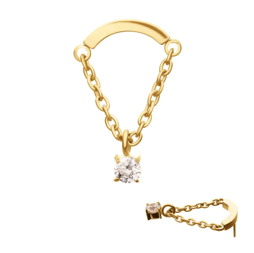 24KT GOLD PVD TITANIUM THREADLESS CURVED BAR TOP WITH PRONG-SET GEM CHAIN DANGLE