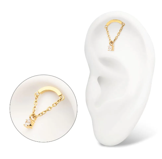 24KT GOLD PVD TITANIUM THREADLESS CURVED BAR TOP WITH PRONG-SET GEM CHAIN DANGLE