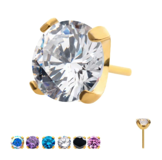 24KT GOLD PVD TITANIUM THREADLESS LOW PROFILE 4-PRONG ROUND GEM TOP 8MM