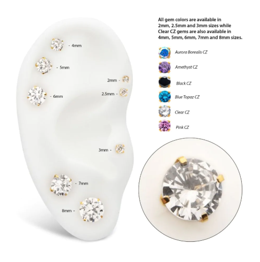 24KT GOLD PVD TITANIUM THREADLESS LOW PROFILE 4-PRONG ROUND GEM TOP 8MM