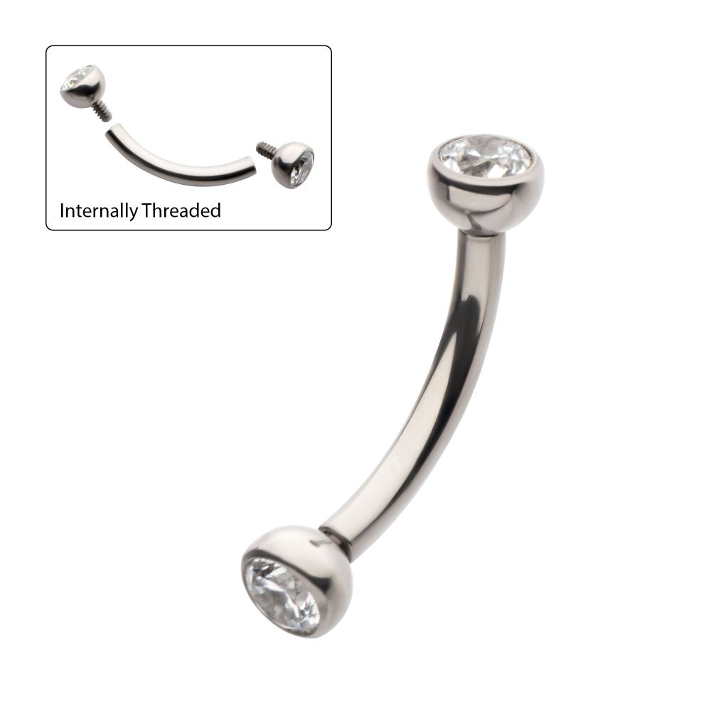 TITANIUM INTERNALLY THREADED DOUBLE BEZEL GEM END CURVED BARBELL