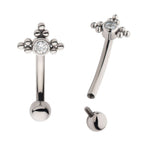 TITANIUM INTERNALLY THREADED WITH TRI BEADS SET & BEZEL SET CLEAR AAA CZ FIXED TOP CURVED BARBELL
