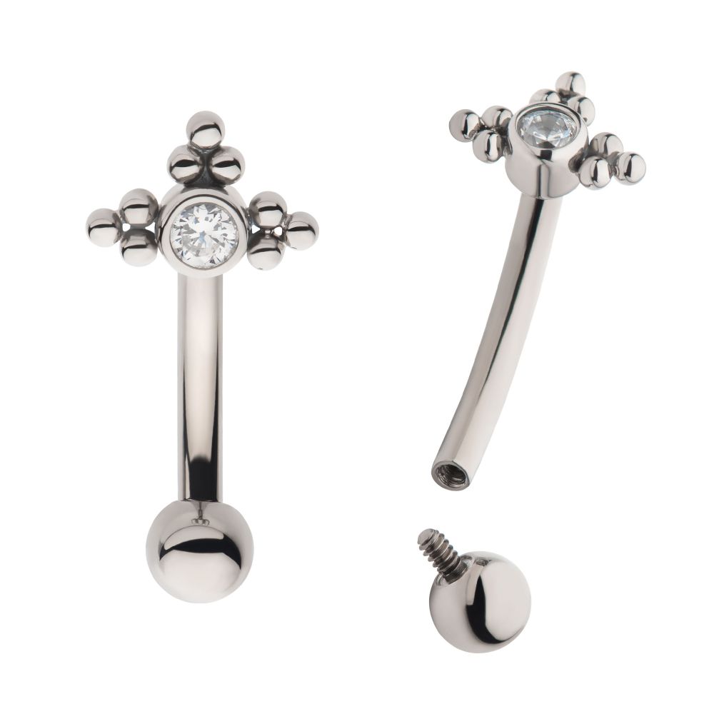 TITANIUM INTERNALLY THREADED WITH TRI BEADS SET & BEZEL SET CLEAR AAA CZ FIXED TOP CURVED BARBELL