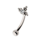 TITANIUM INTERNALLY THREADED WITH TRI BEADS SET & BEZEL SET CLEAR AAA CZ FIXED TOP CURVED BARBELL