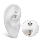 TITANIUM INTERNALLY THREADED WITH TRI BEADS SET & BEZEL SET CLEAR AAA CZ FIXED TOP CURVED BARBELL