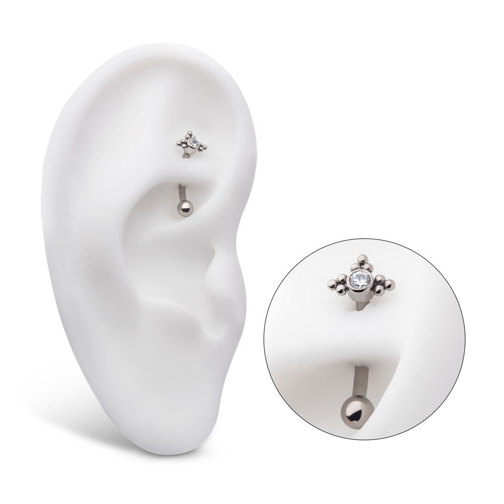 TITANIUM INTERNALLY THREADED WITH TRI BEADS SET & BEZEL SET CLEAR AAA CZ FIXED TOP CURVED BARBELL