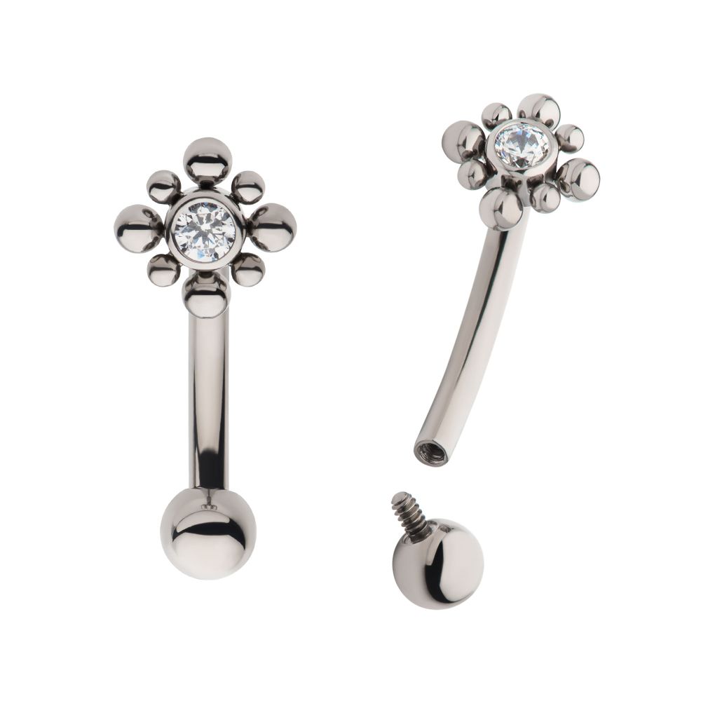 TITANIUM INTERNALLY THREADED WITH BEADS AROUND BEZEL SET CLEAR AAA CZ FLOWER FIXED TOP CURVED BARBELL