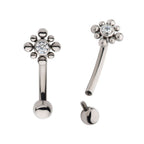 TITANIUM INTERNALLY THREADED WITH BEADS AROUND BEZEL SET CLEAR AAA CZ FLOWER FIXED TOP CURVED BARBELL