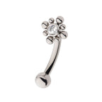 TITANIUM INTERNALLY THREADED WITH BEADS AROUND BEZEL SET CLEAR AAA CZ FLOWER FIXED TOP CURVED BARBELL