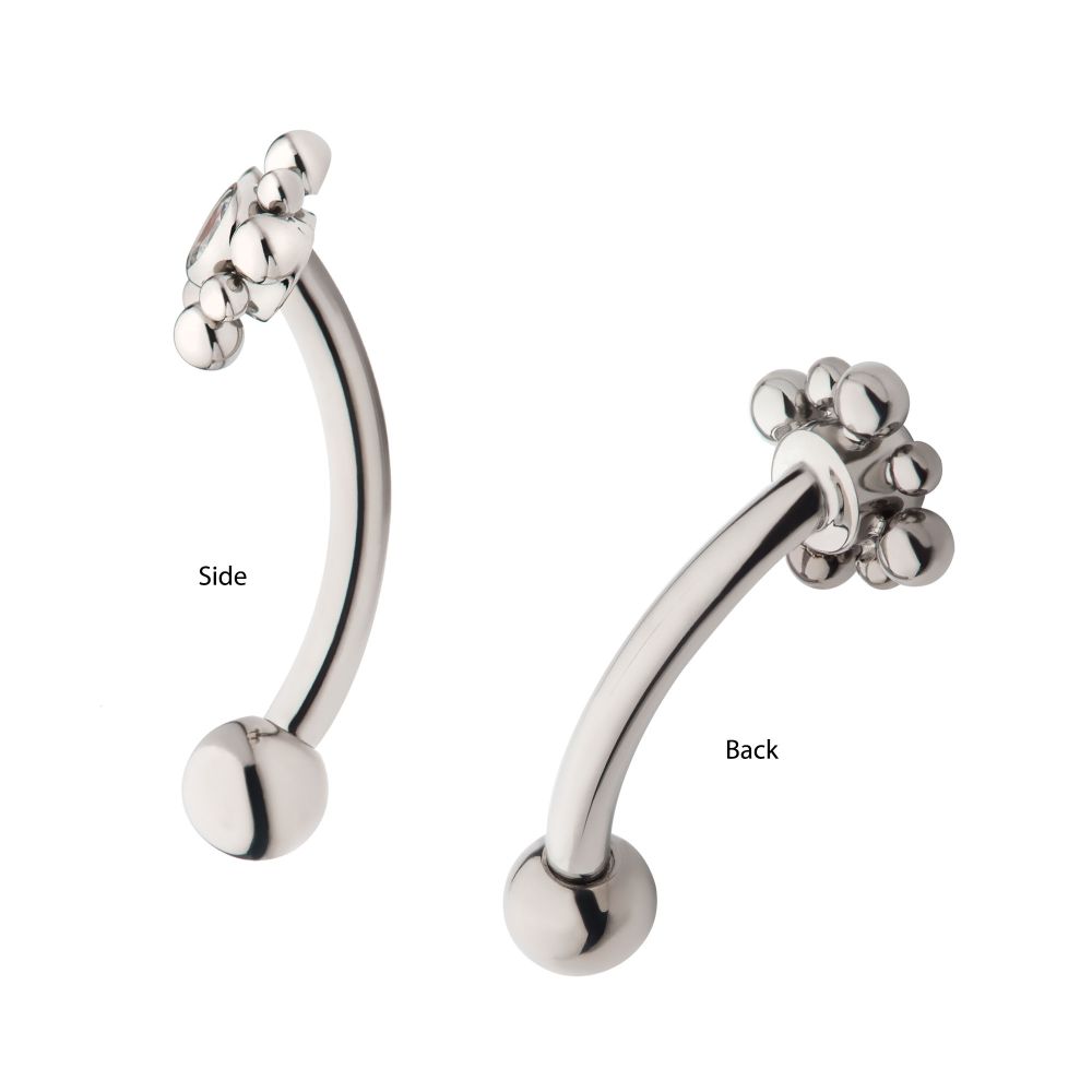 TITANIUM INTERNALLY THREADED WITH BEADS AROUND BEZEL SET CLEAR AAA CZ FLOWER FIXED TOP CURVED BARBELL