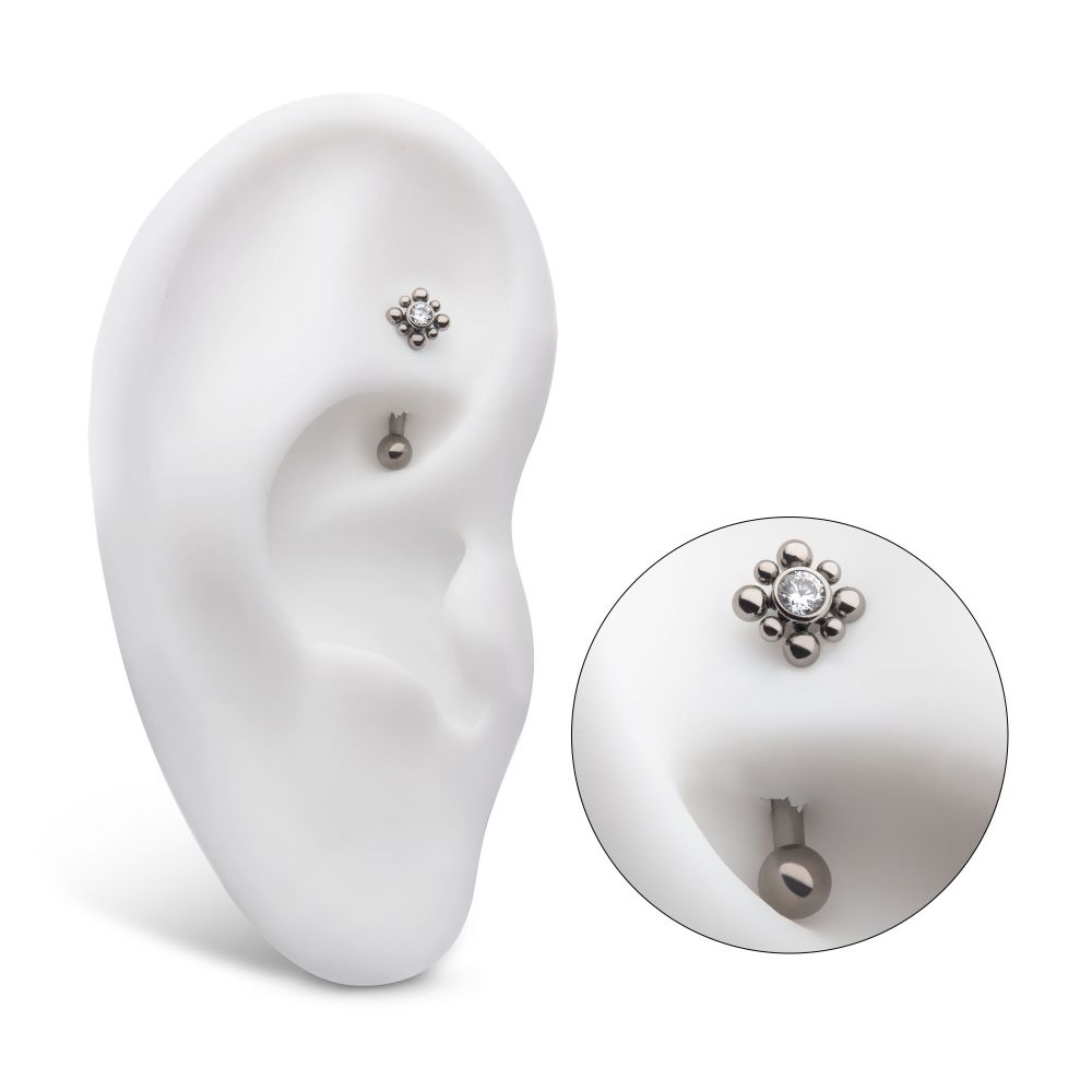 TITANIUM INTERNALLY THREADED WITH BEADS AROUND BEZEL SET CLEAR AAA CZ FLOWER FIXED TOP CURVED BARBELL