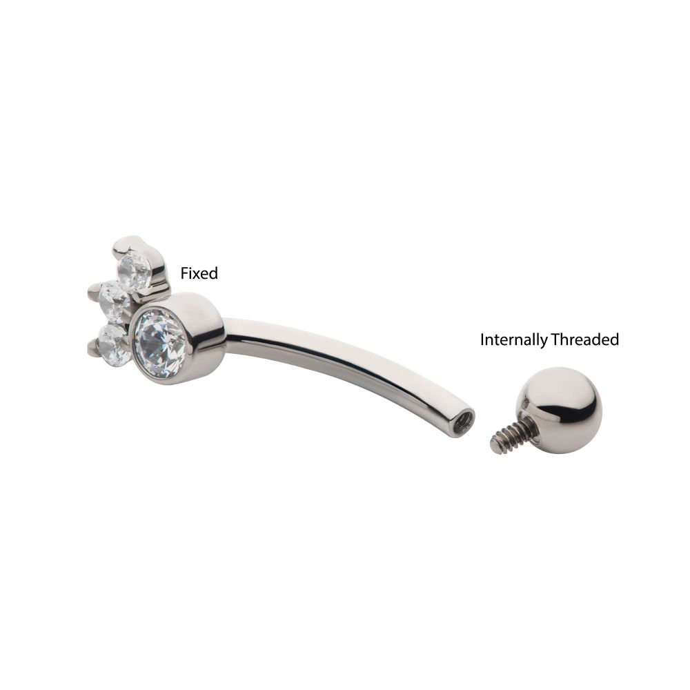 TITANIUM INTERNALLY THREADED TRINITY PRONG SET GEM & BEZEL ROUND GEM FIXED TOP CURVED BARBELL