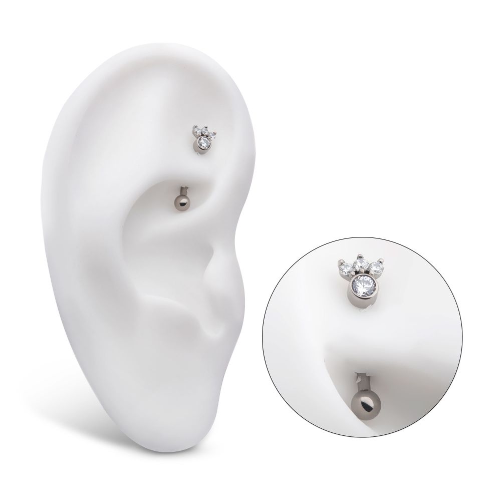 TITANIUM INTERNALLY THREADED TRINITY PRONG SET GEM & BEZEL ROUND GEM FIXED TOP CURVED BARBELL