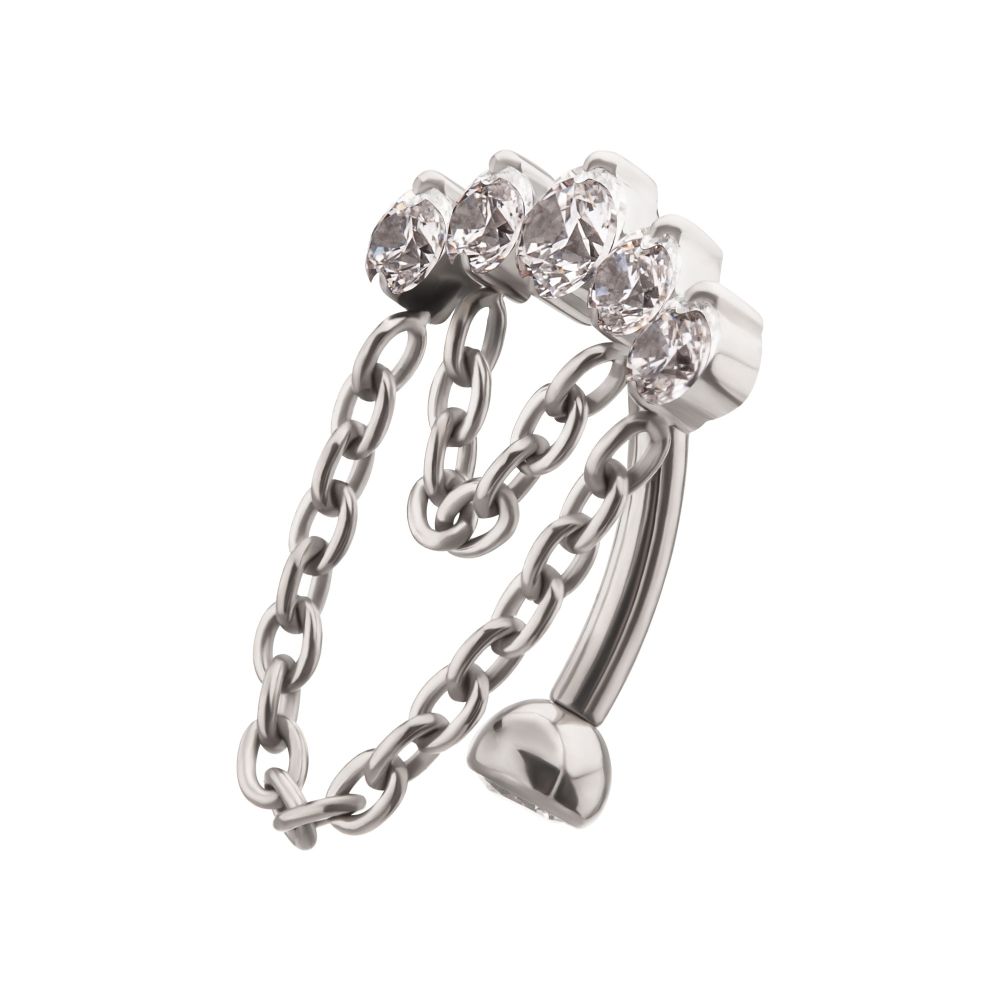 TITANIUM INTERNALLY THREADED 5-CLUSTER PROM GEM FIXED TOP CURVED BARBELL WITH 2 TIER CHAIN DANGLE