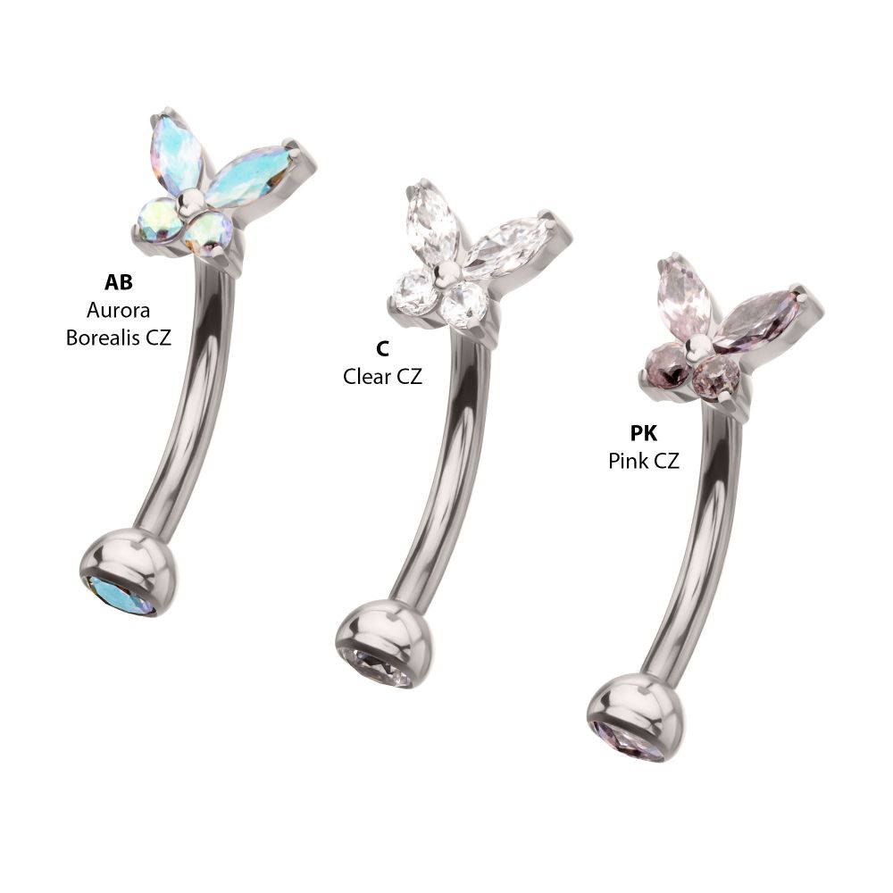 TITANIUM INTERNALLY THREADED BUTTERFLY FIXED TOP CURVED BARBELL WITH PRONG SET MARQUISE & ROUND GEM