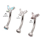 TITANIUM INTERNALLY THREADED BUTTERFLY FIXED TOP CURVED BARBELL WITH PRONG SET MARQUISE & ROUND GEM