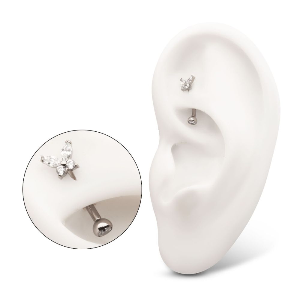 TITANIUM INTERNALLY THREADED BUTTERFLY FIXED TOP CURVED BARBELL WITH PRONG SET MARQUISE & ROUND GEM