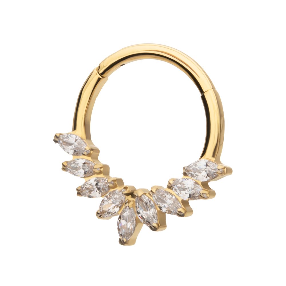 24KT GOLD PVD TITANIUM 9 GEM MARQUISE CLUSTER FRONT FACING HINGED SEGMENT CLICKER