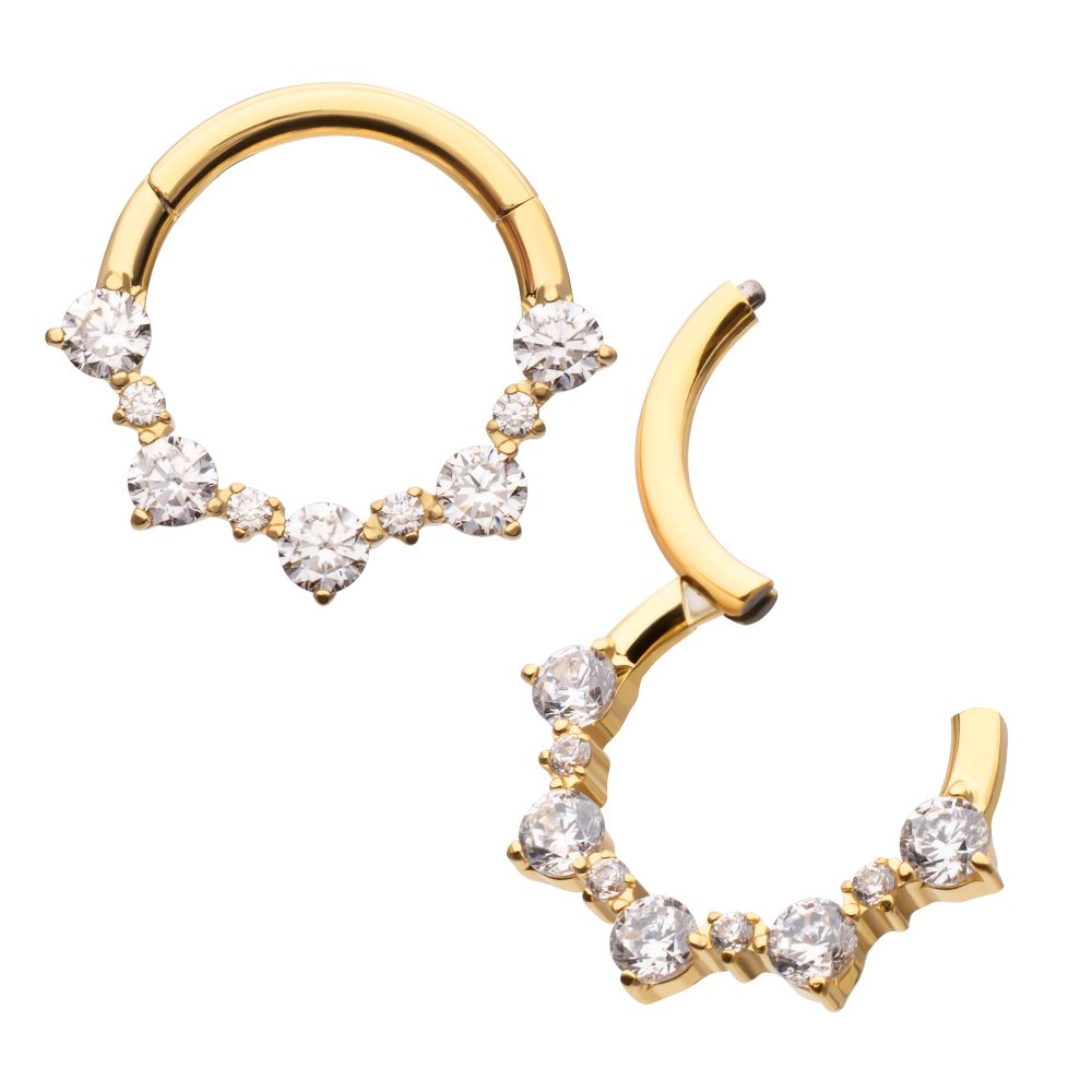 24KT GOLD PVD TITANIUM PRONG SET CLUSTER GEM FRONT FACING HINGED SEGMENT CLICKER