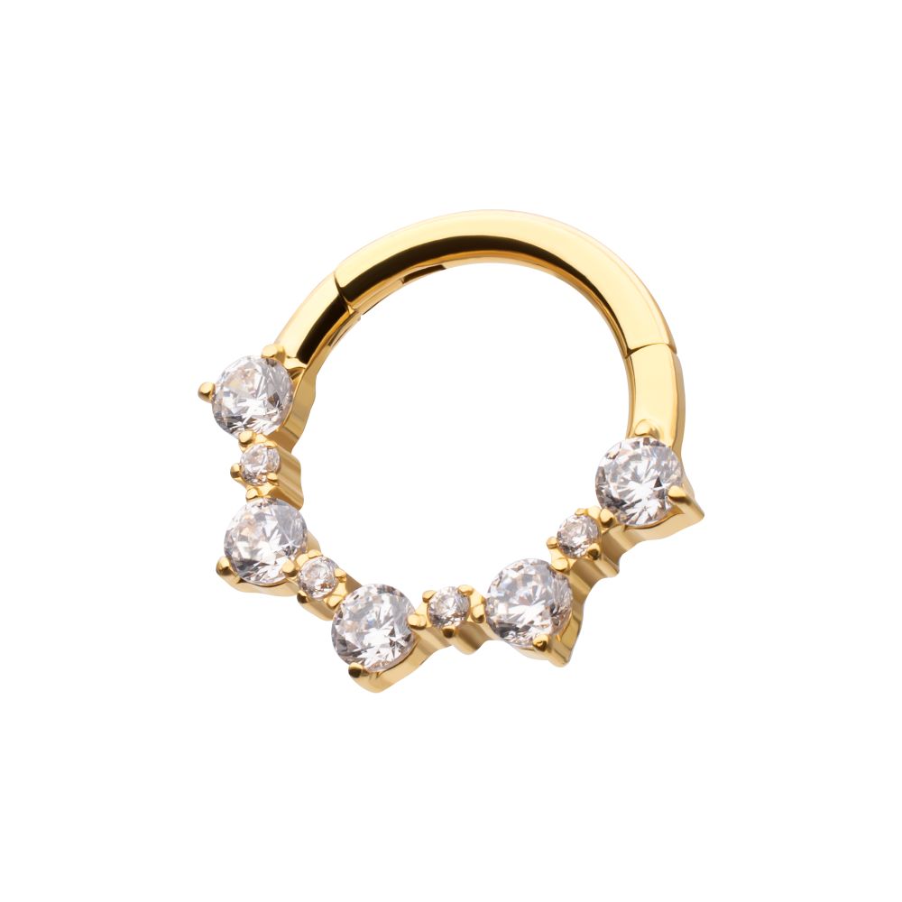 24KT GOLD PVD TITANIUM PRONG SET CLUSTER GEM FRONT FACING HINGED SEGMENT CLICKER