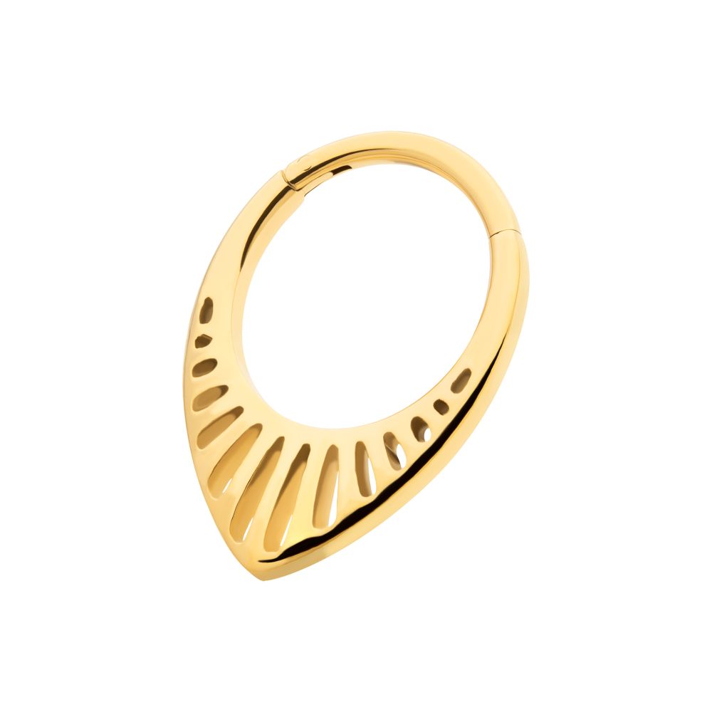 24KT GOLD PVD TITANIUM LINEAR OUTLINE TEARDROP SHAPE FRONT FACING HINGED SEGMENT CLICKER