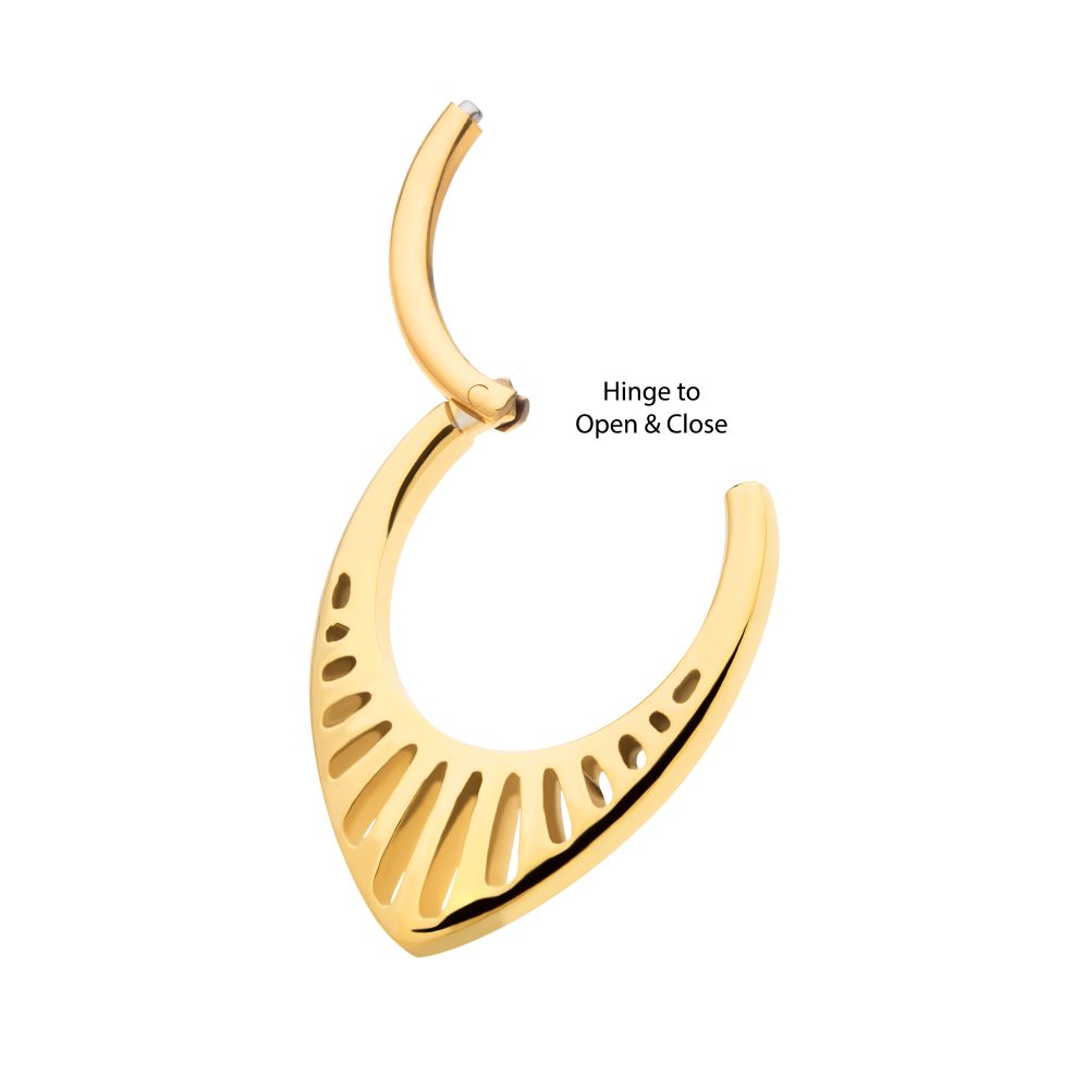 24KT GOLD PVD TITANIUM LINEAR OUTLINE TEARDROP SHAPE FRONT FACING HINGED SEGMENT CLICKER